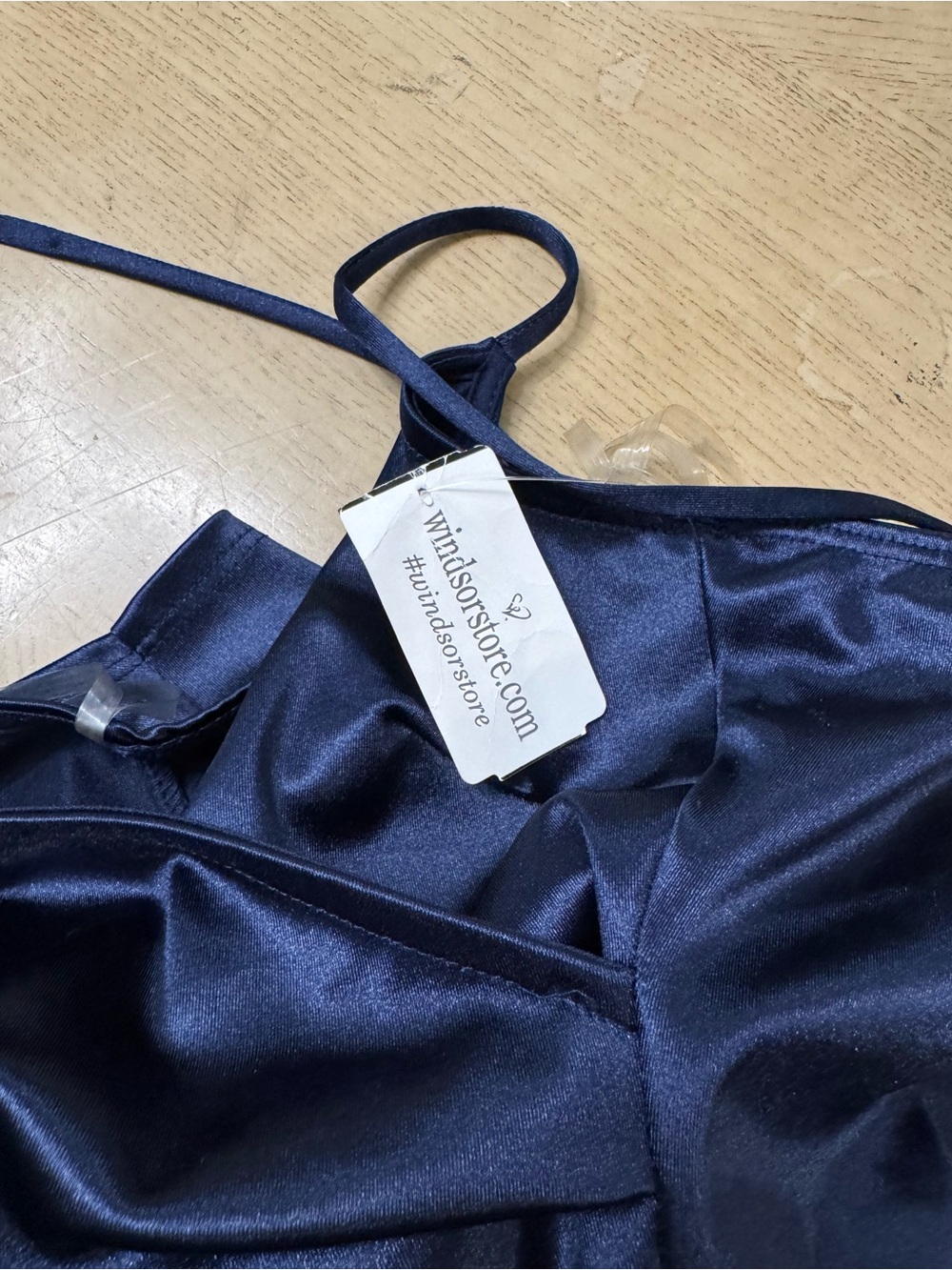 Windsor | Navy Blue Satin-Look Asymmetric Wrap Mini Spaghetti Strap Dress XS - Picture 10 of 12